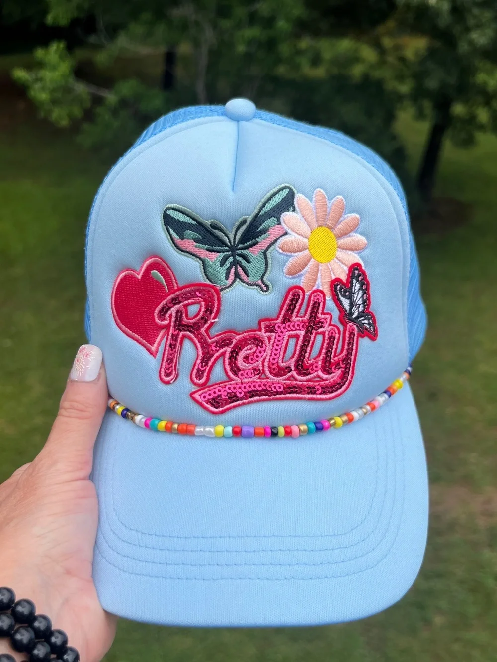 Pretty Blue Trucker Hat Butterfly Daisy Beaded Snapback NWOT